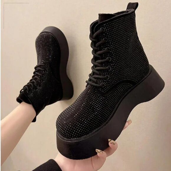 NEW BLACK SPARKLY LACE UP COMBAT BOOTS - Picture 2 of 6